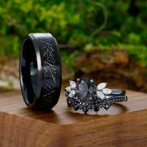 Vintage Oval Black Rutilated Quartz Gold Leaf Tungsten His and Hers Ring Set