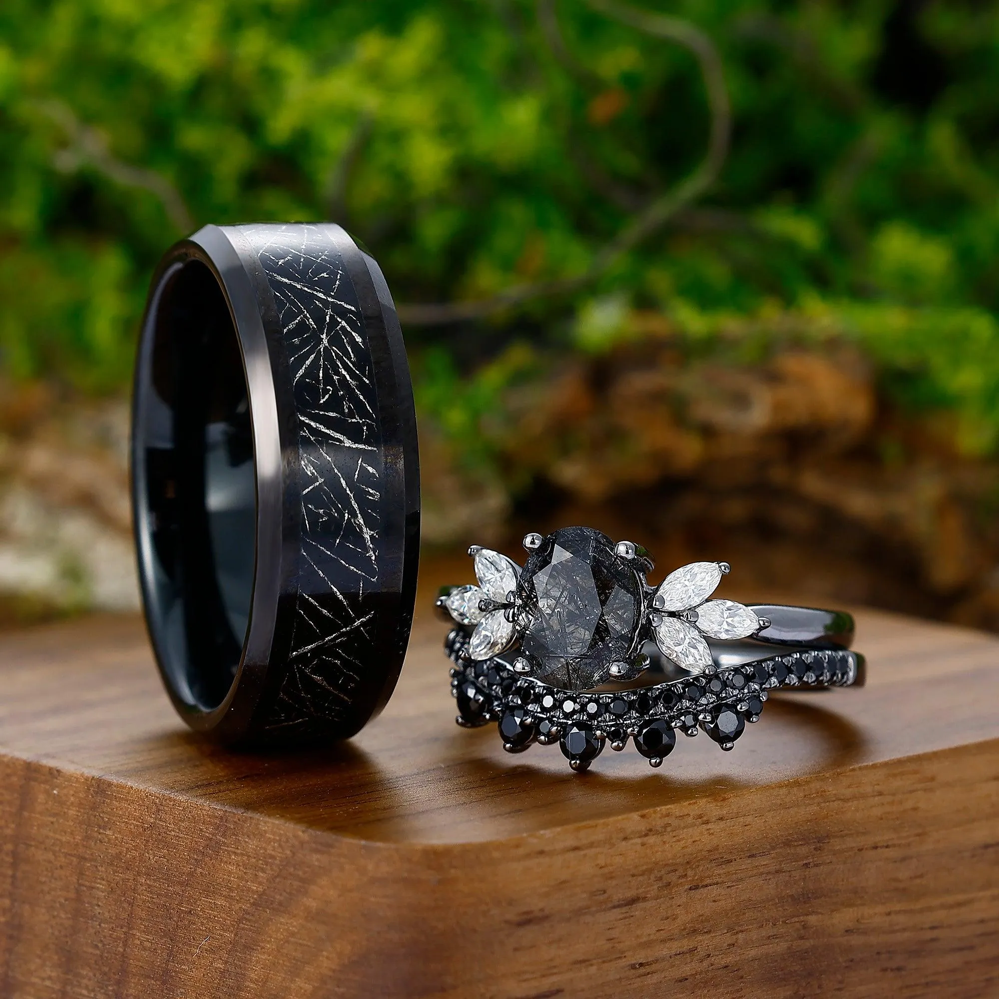 Vintage Oval Black Rutilated Quartz Gold Leaf Tungsten His and Hers Ring Set
