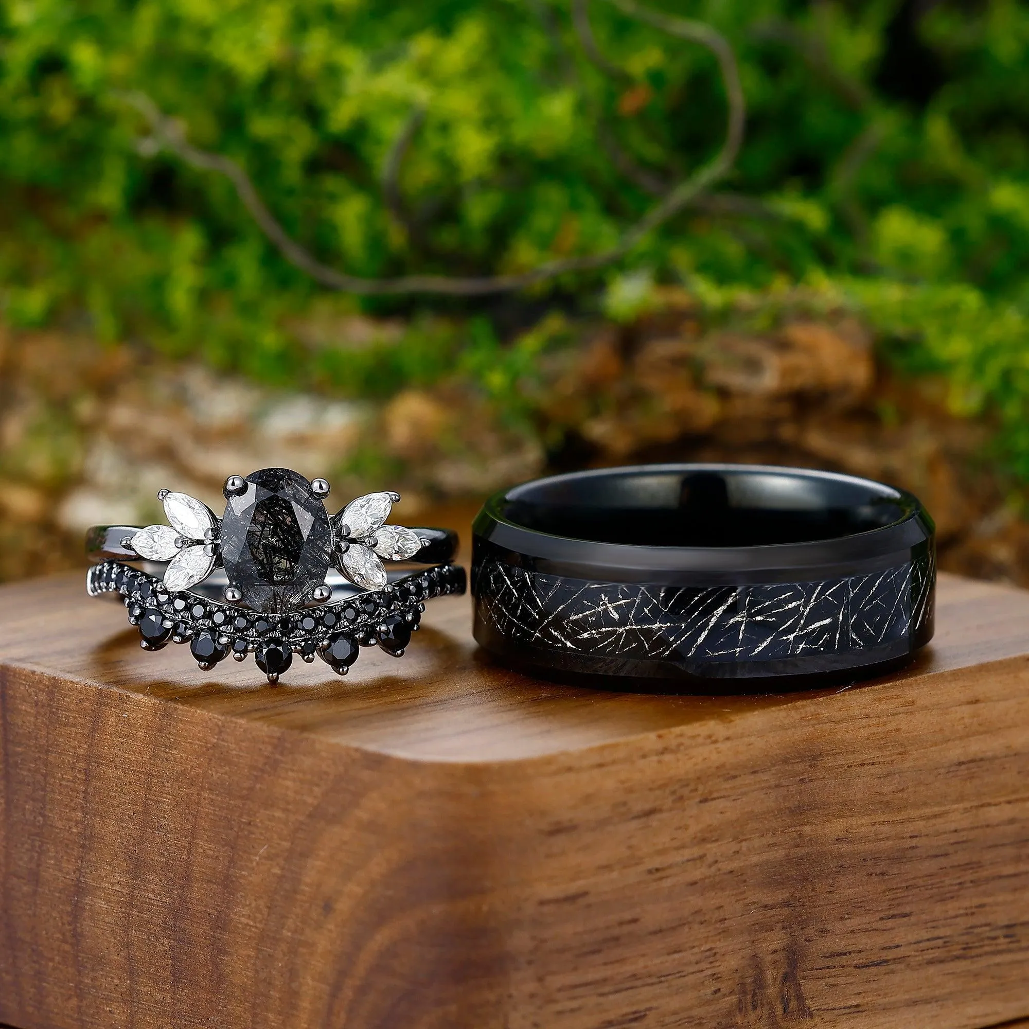 Vintage Oval Black Rutilated Quartz Gold Leaf Tungsten His and Hers Ring Set