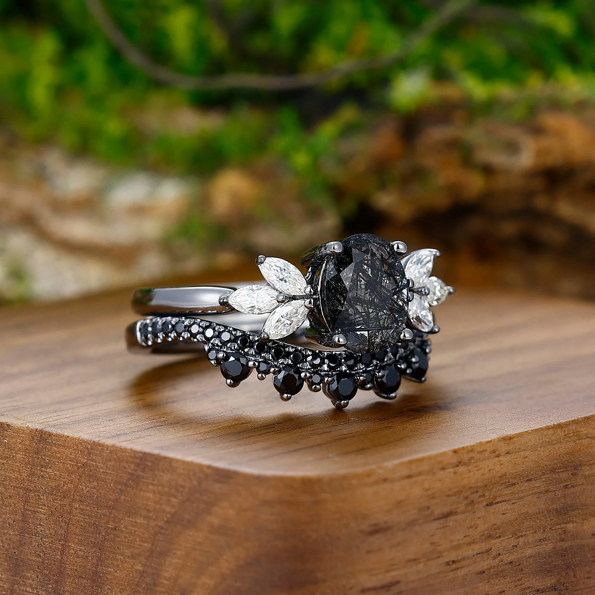 Vintage Oval Black Rutilated Quartz Gold Leaf Tungsten His and Hers Ring Set