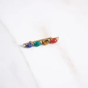 Vintage Petite Scarab Bar Pin with Semi Precious Gemstones Carnelian, Jade, Tigers Eye, Quartz