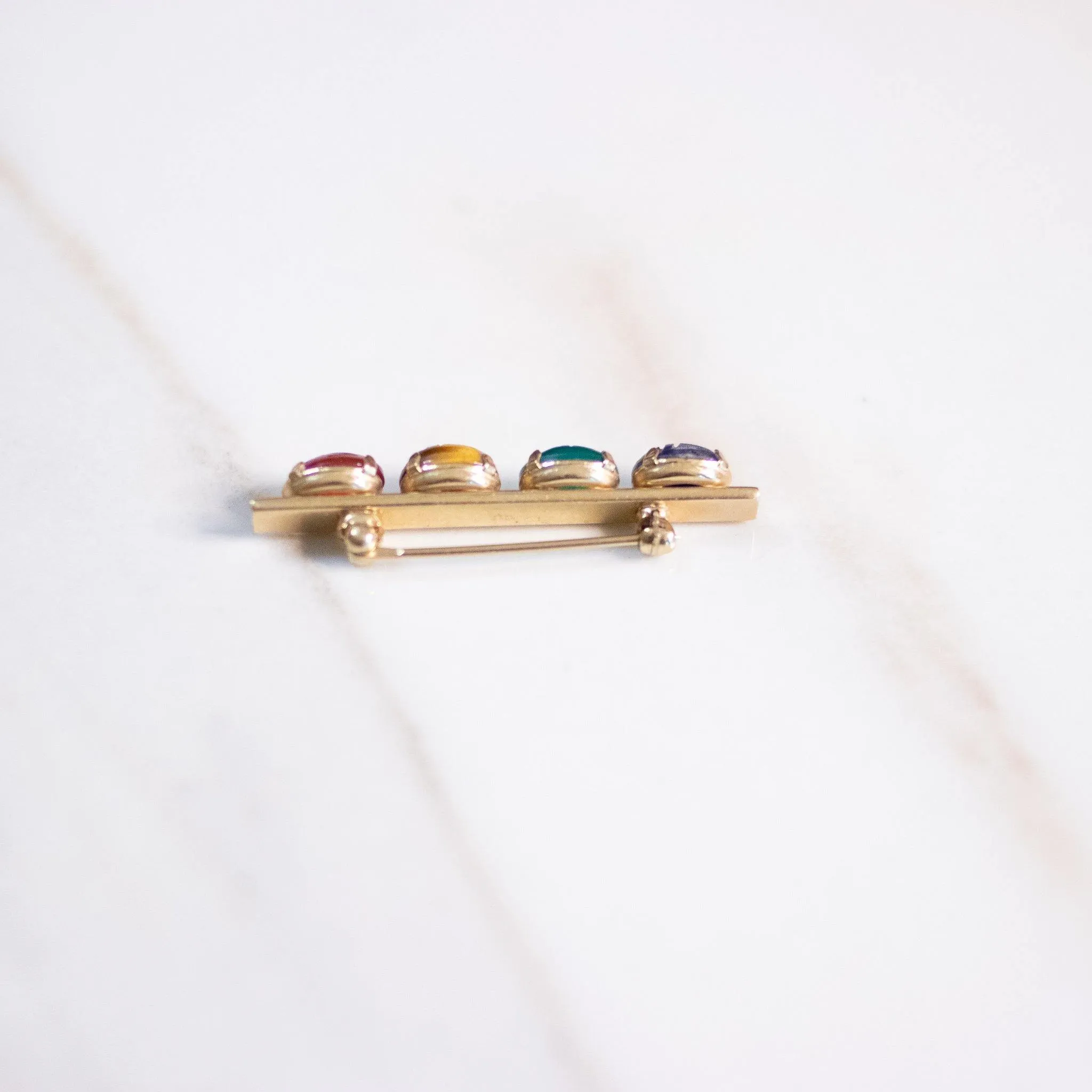 Vintage Petite Scarab Bar Pin with Semi Precious Gemstones Carnelian, Jade, Tigers Eye, Quartz