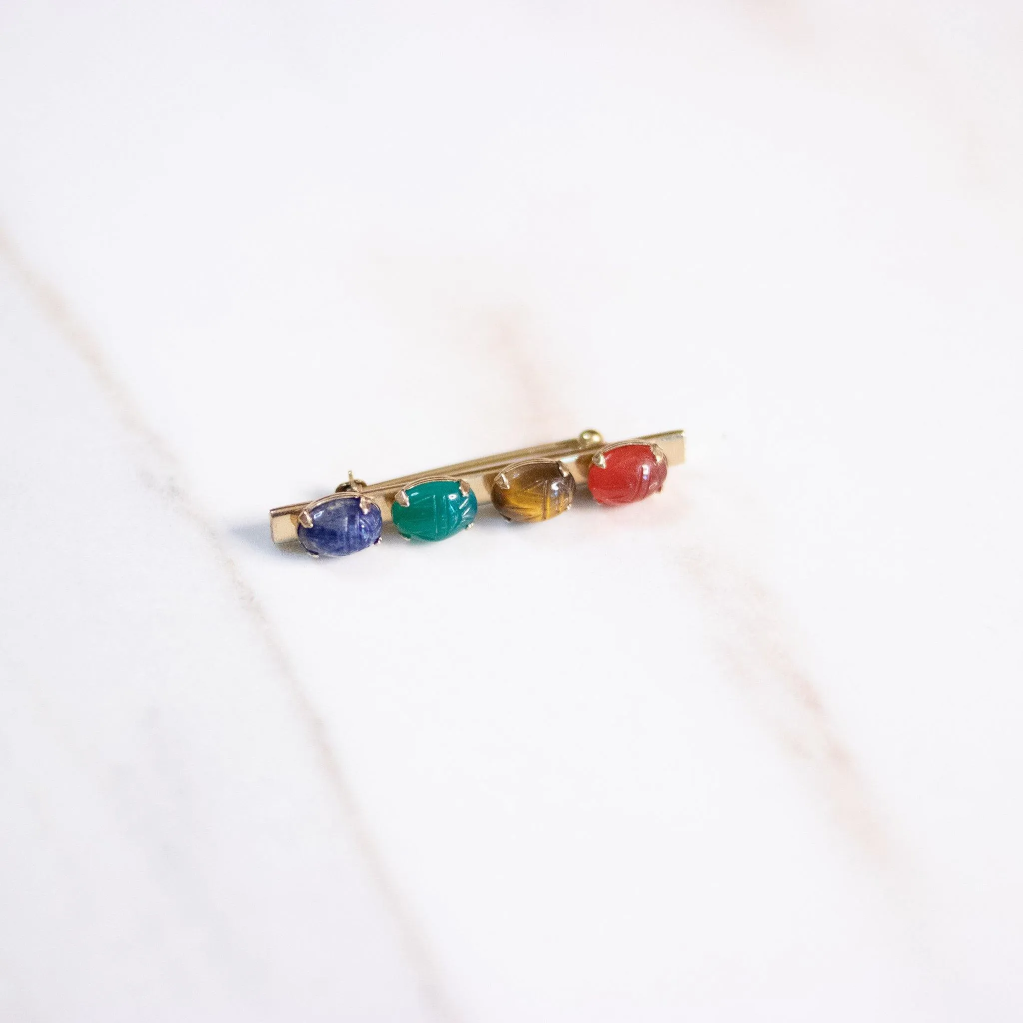 Vintage Petite Scarab Bar Pin with Semi Precious Gemstones Carnelian, Jade, Tigers Eye, Quartz