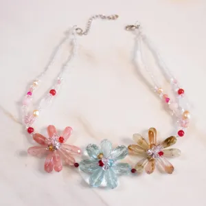 Vintage Pink, Rutilated Quartz and Blue Crystal Flower Statement Necklace