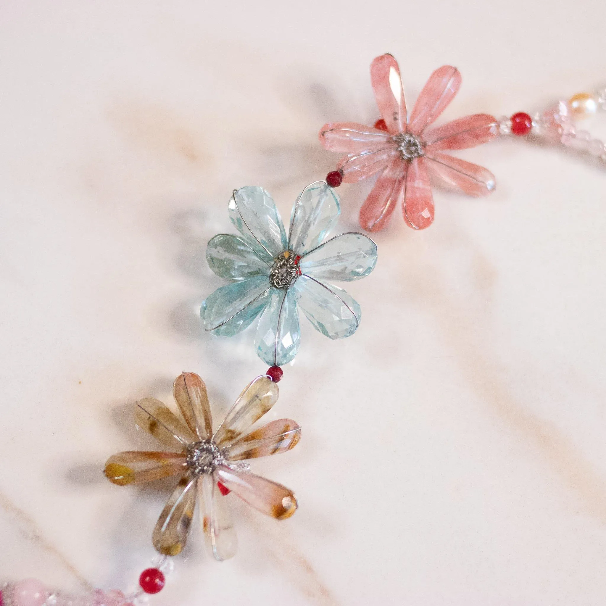 Vintage Pink, Rutilated Quartz and Blue Crystal Flower Statement Necklace