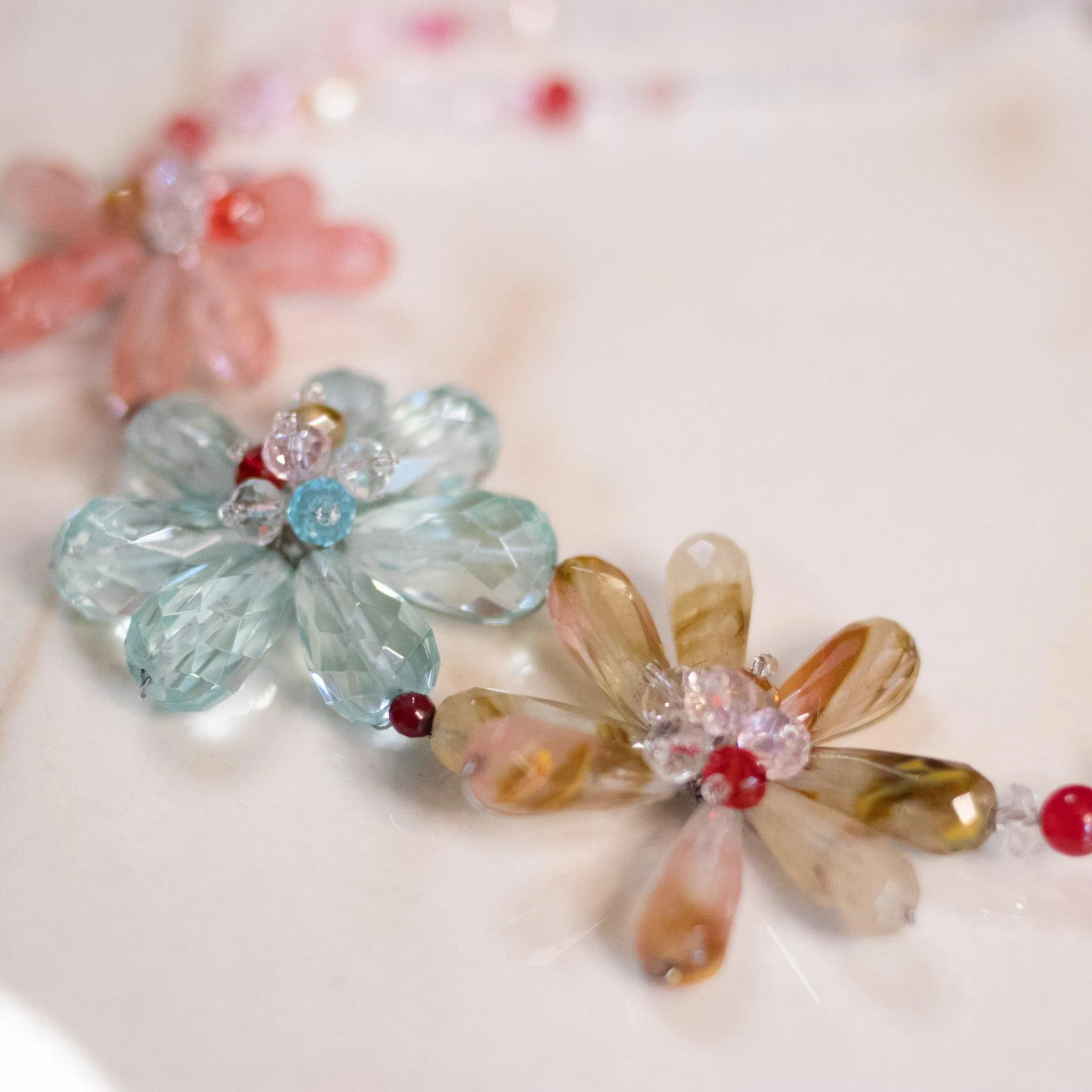 Vintage Pink, Rutilated Quartz and Blue Crystal Flower Statement Necklace