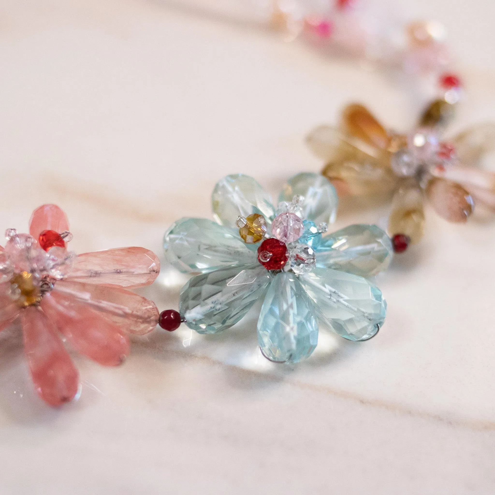 Vintage Pink, Rutilated Quartz and Blue Crystal Flower Statement Necklace