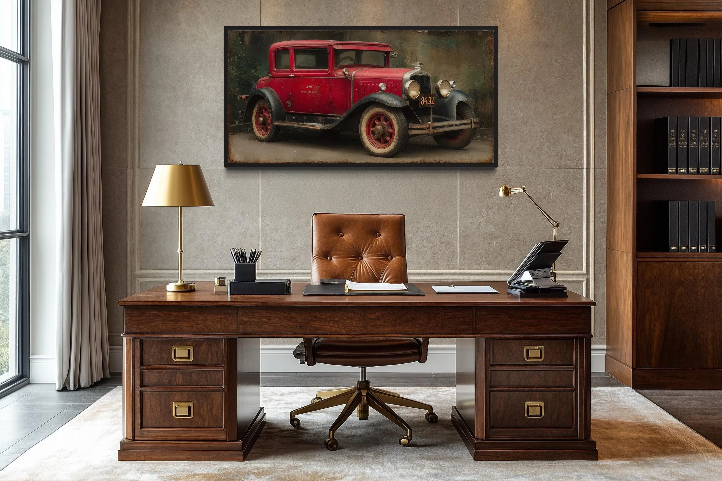 Vintage Red Car Framed Canvas Wall Art