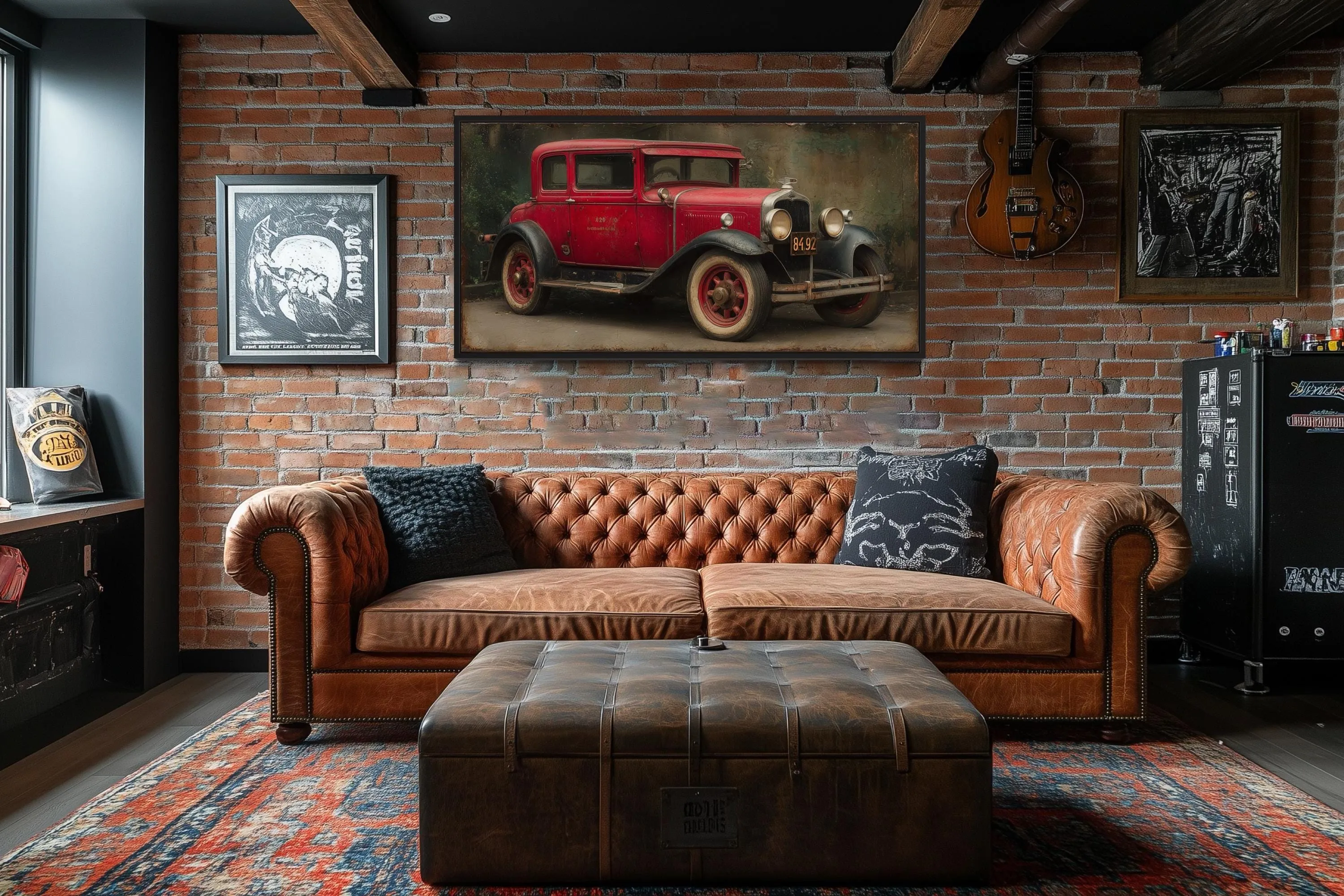 Vintage Red Car Framed Canvas Wall Art