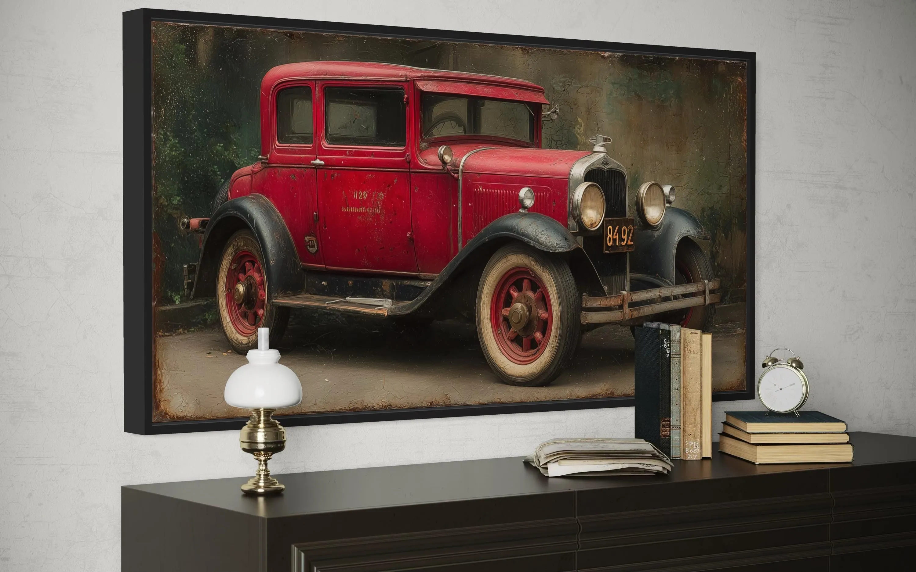 Vintage Red Car Framed Canvas Wall Art