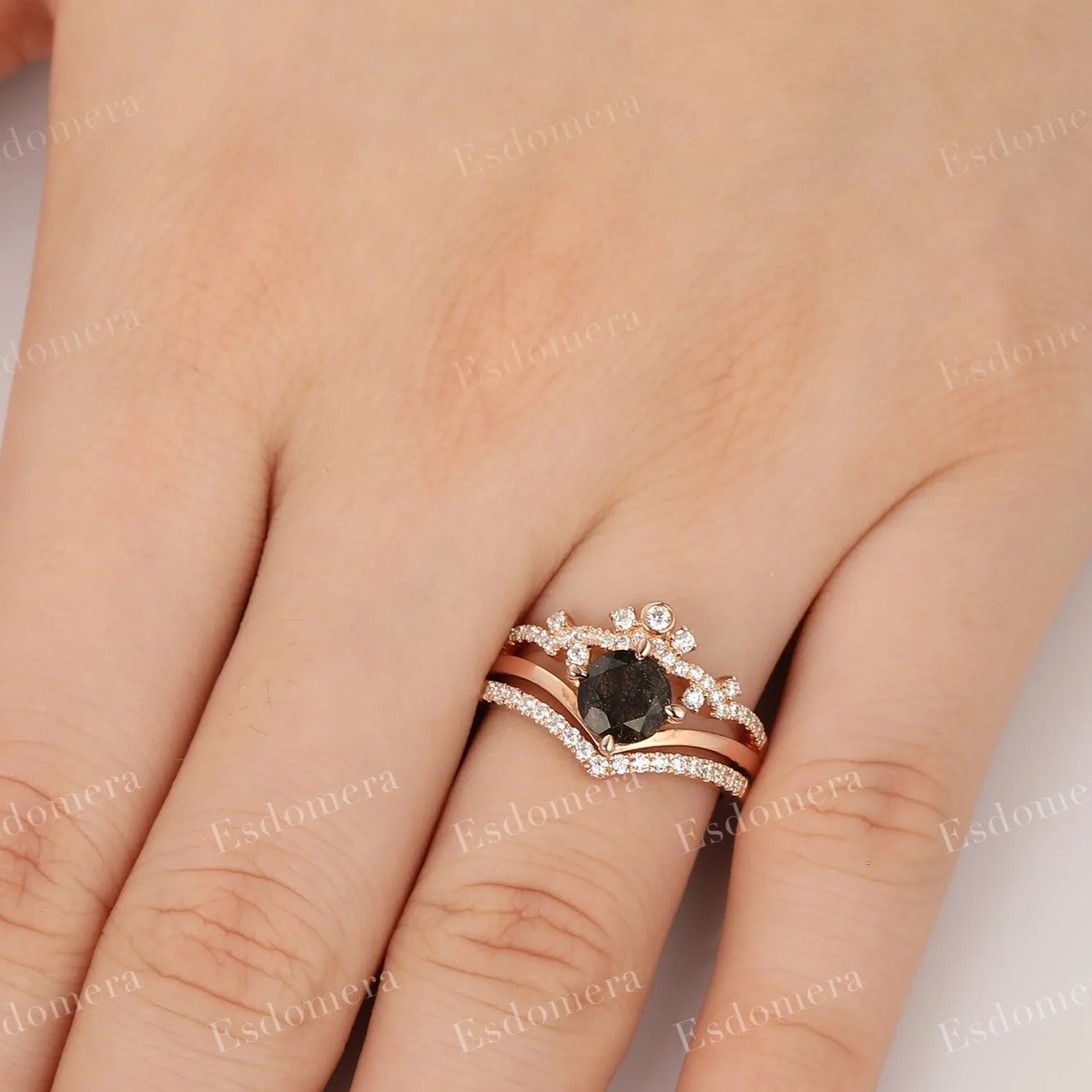 Vintage Round Cut 1CT Black Rutilated Quartz Engagement Ring Set, Moissanite Stacking Band