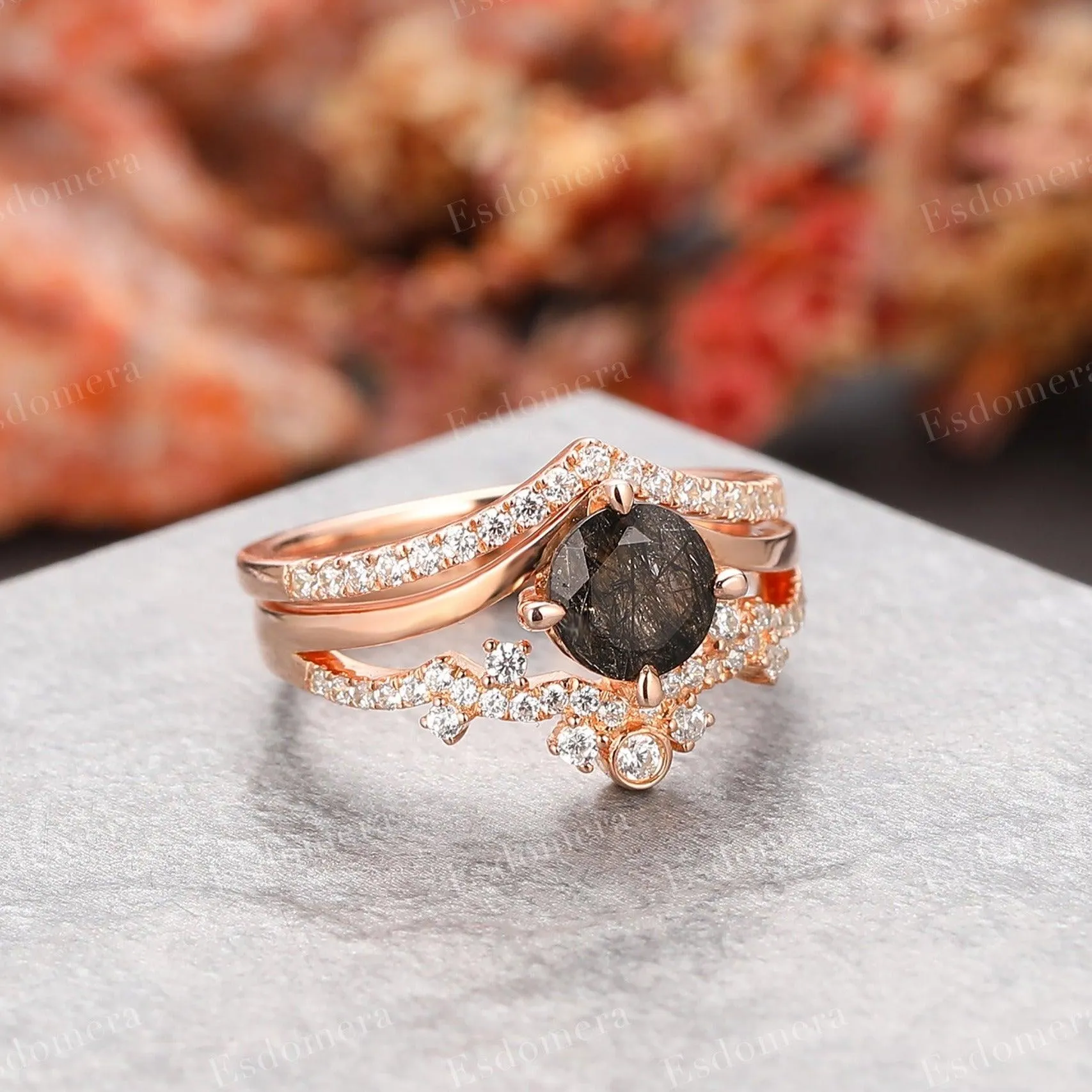 Vintage Round Cut 1CT Black Rutilated Quartz Engagement Ring Set, Moissanite Stacking Band