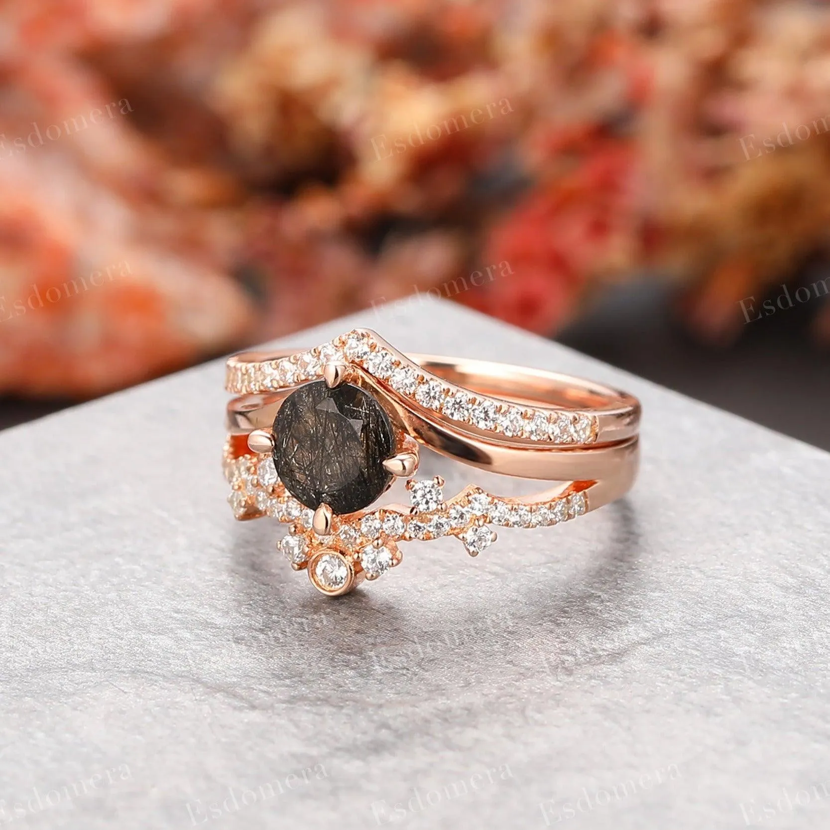 Vintage Round Cut 1CT Black Rutilated Quartz Engagement Ring Set, Moissanite Stacking Band