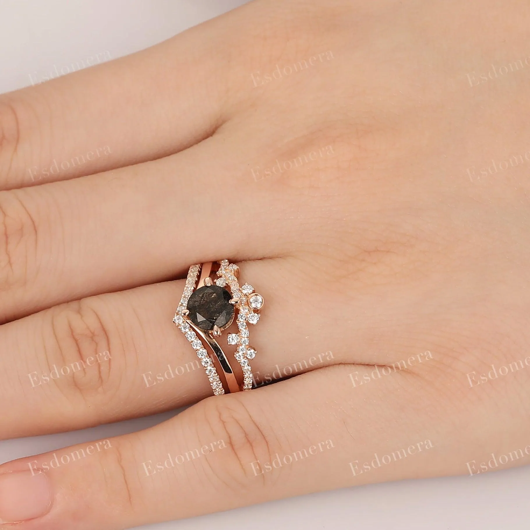 Vintage Round Cut 1CT Black Rutilated Quartz Engagement Ring Set, Moissanite Stacking Band