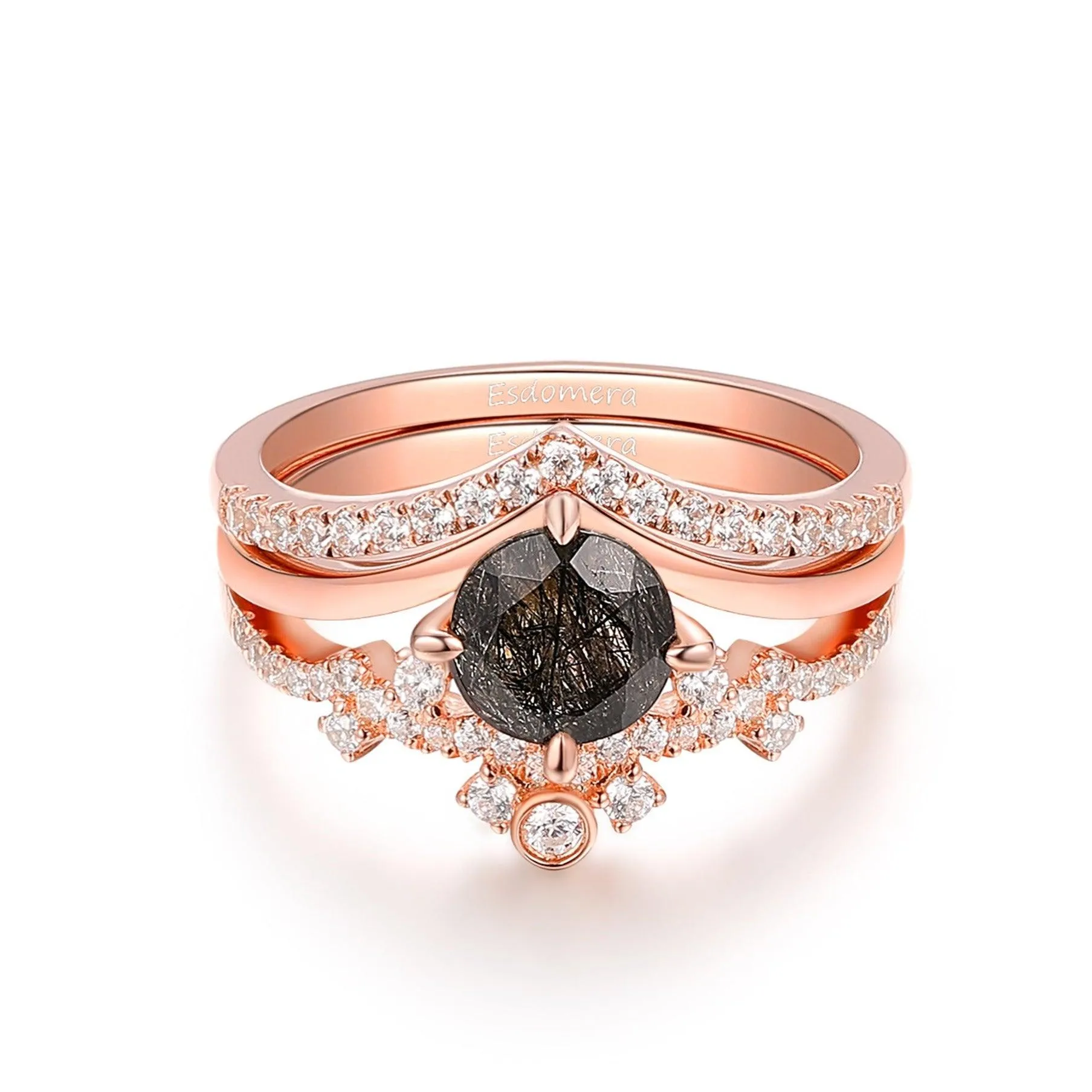 Vintage Round Cut 1CT Black Rutilated Quartz Engagement Ring Set, Moissanite Stacking Band