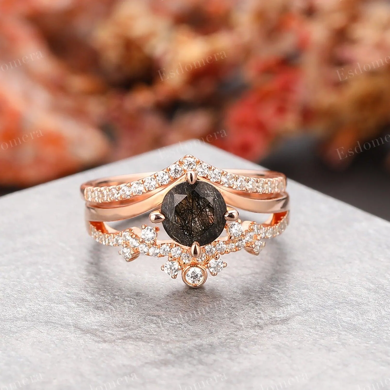 Vintage Round Cut 1CT Black Rutilated Quartz Engagement Ring Set, Moissanite Stacking Band
