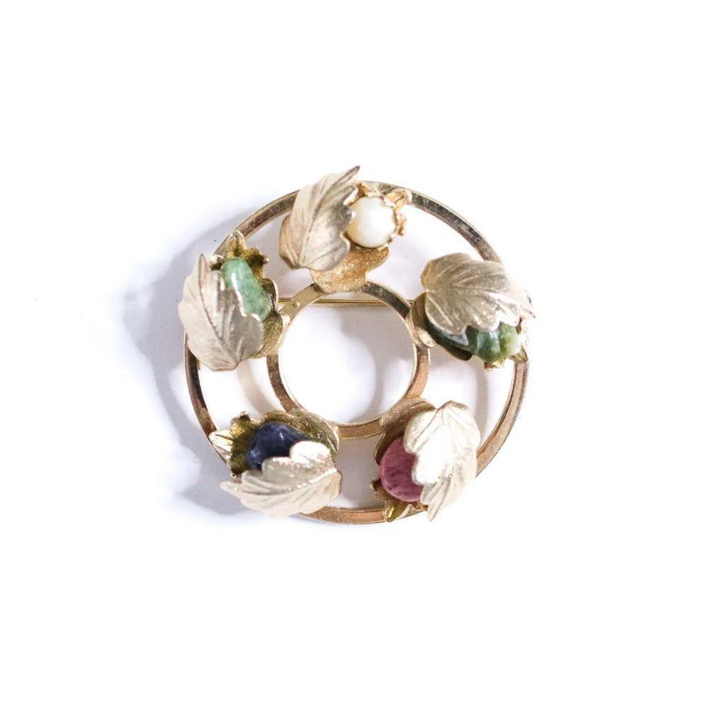 Vintage Sarah Coventry Floral Brooch with Lapis, Rose Quartz, Pearl, and Jade