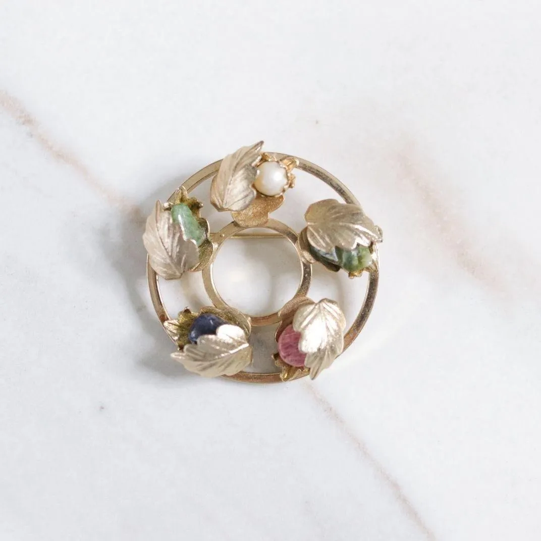 Vintage Sarah Coventry Floral Brooch with Lapis, Rose Quartz, Pearl, and Jade