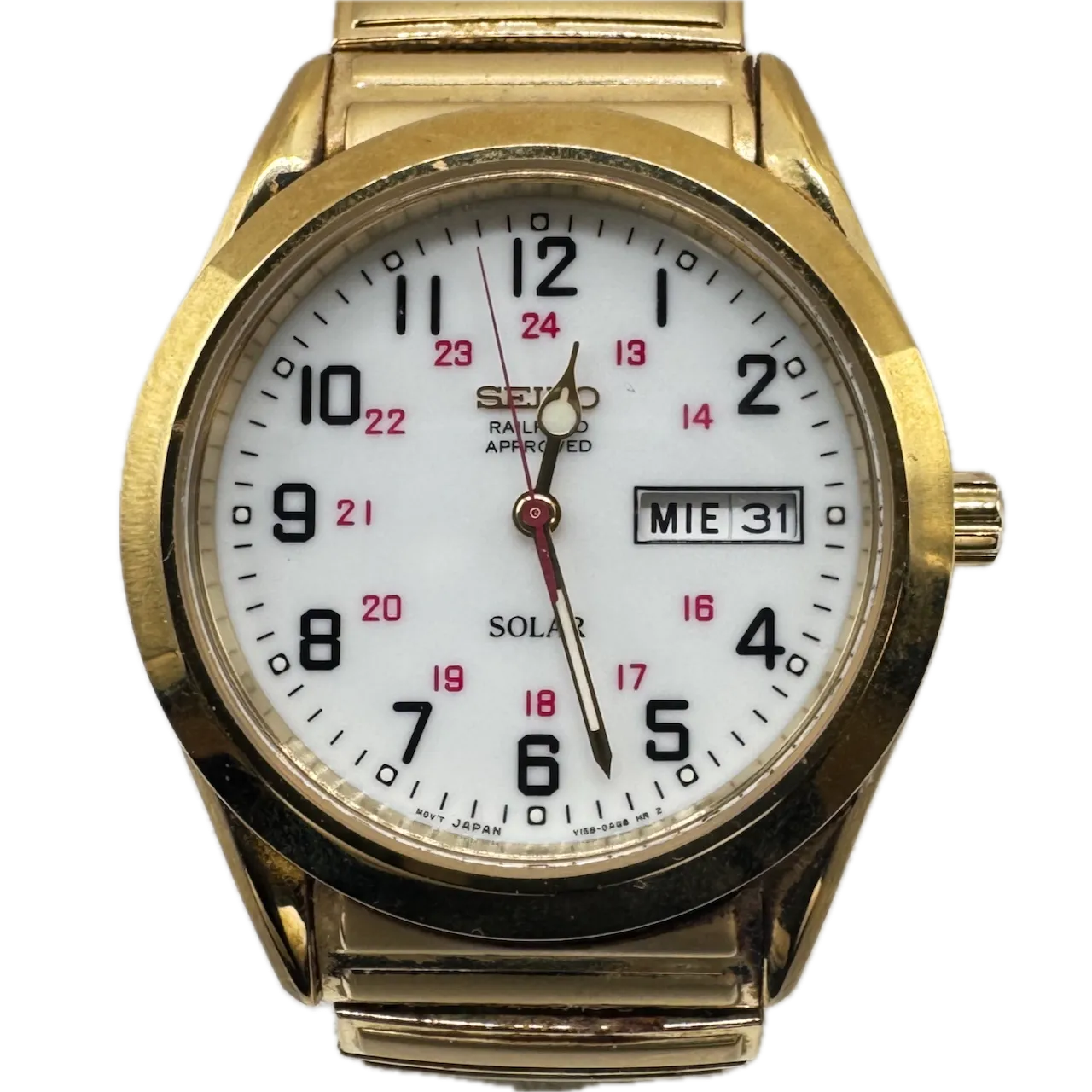Vintage Seiko V158 0AB0 Railroad Solar Men's Quartz Wristwatch Japan Gold Tone