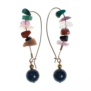 Vintage Semi Precious Gemstone Wire Drop Earrings, Rose Quartz, Jade, Lapis, Coral, Carnelian, Artisan, Boho