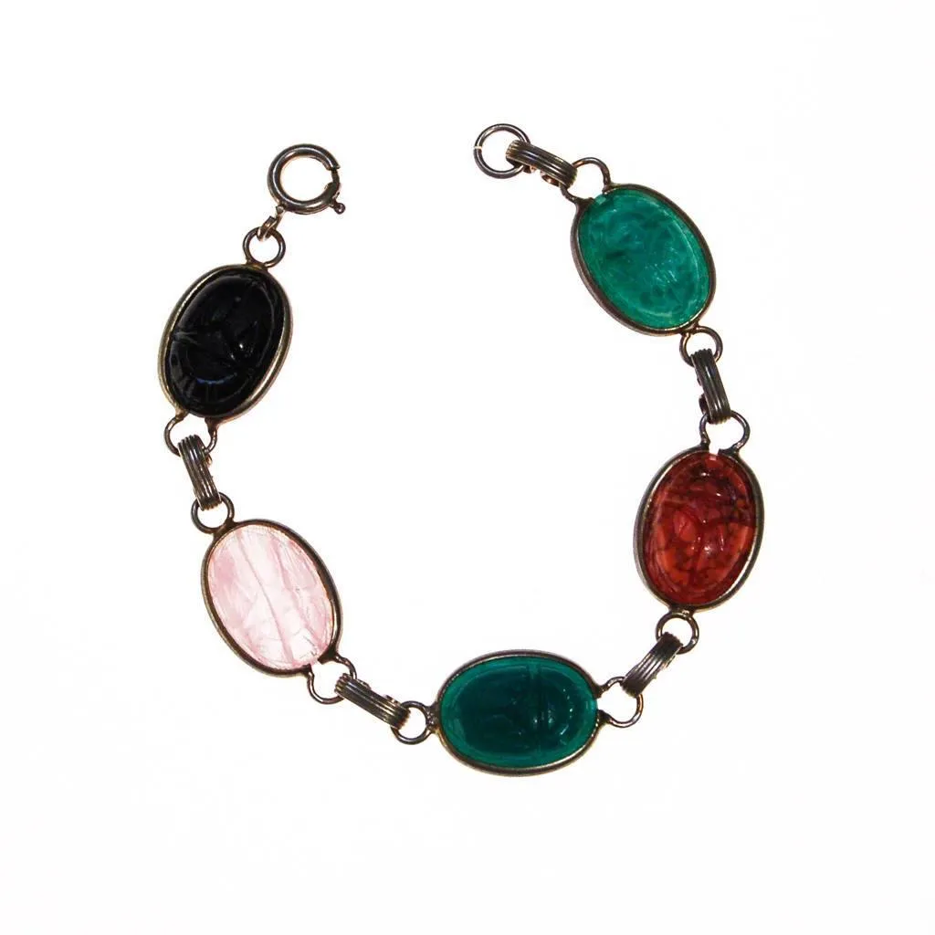 Vintage Semi Precious Scarab Bracelet, Onyx, Rose Quartz, Jade, Chrysoprase, 1960s