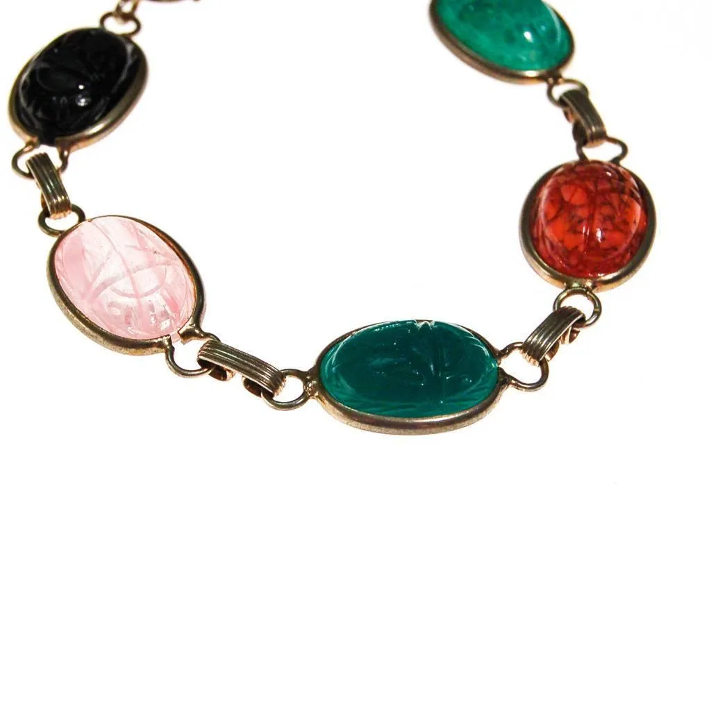 Vintage Semi Precious Scarab Bracelet, Onyx, Rose Quartz, Jade, Chrysoprase, 1960s