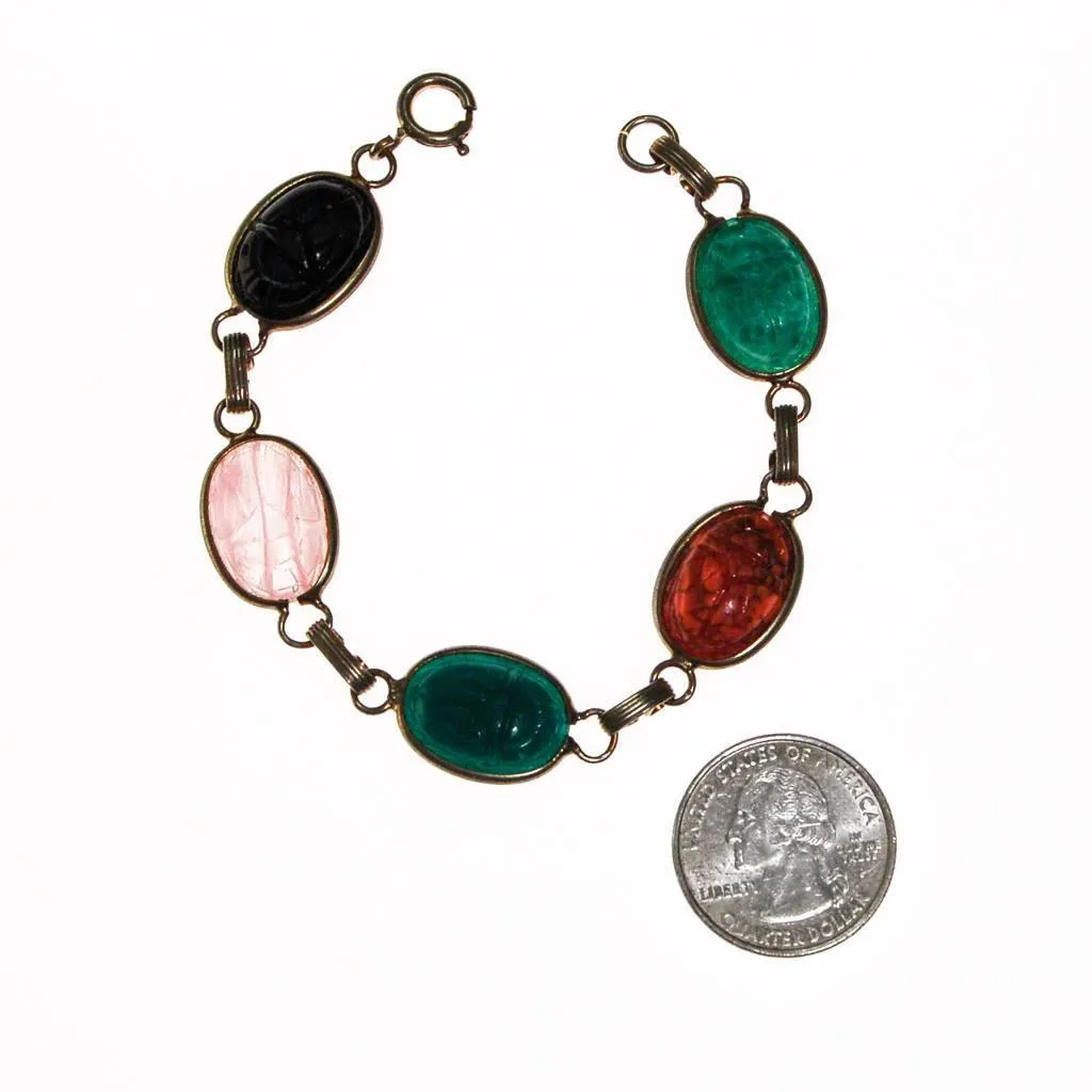 Vintage Semi Precious Scarab Bracelet, Onyx, Rose Quartz, Jade, Chrysoprase, 1960s