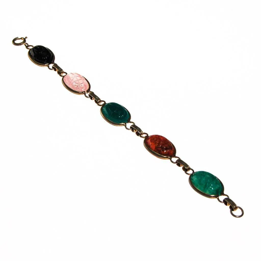 Vintage Semi Precious Scarab Bracelet, Onyx, Rose Quartz, Jade, Chrysoprase, 1960s