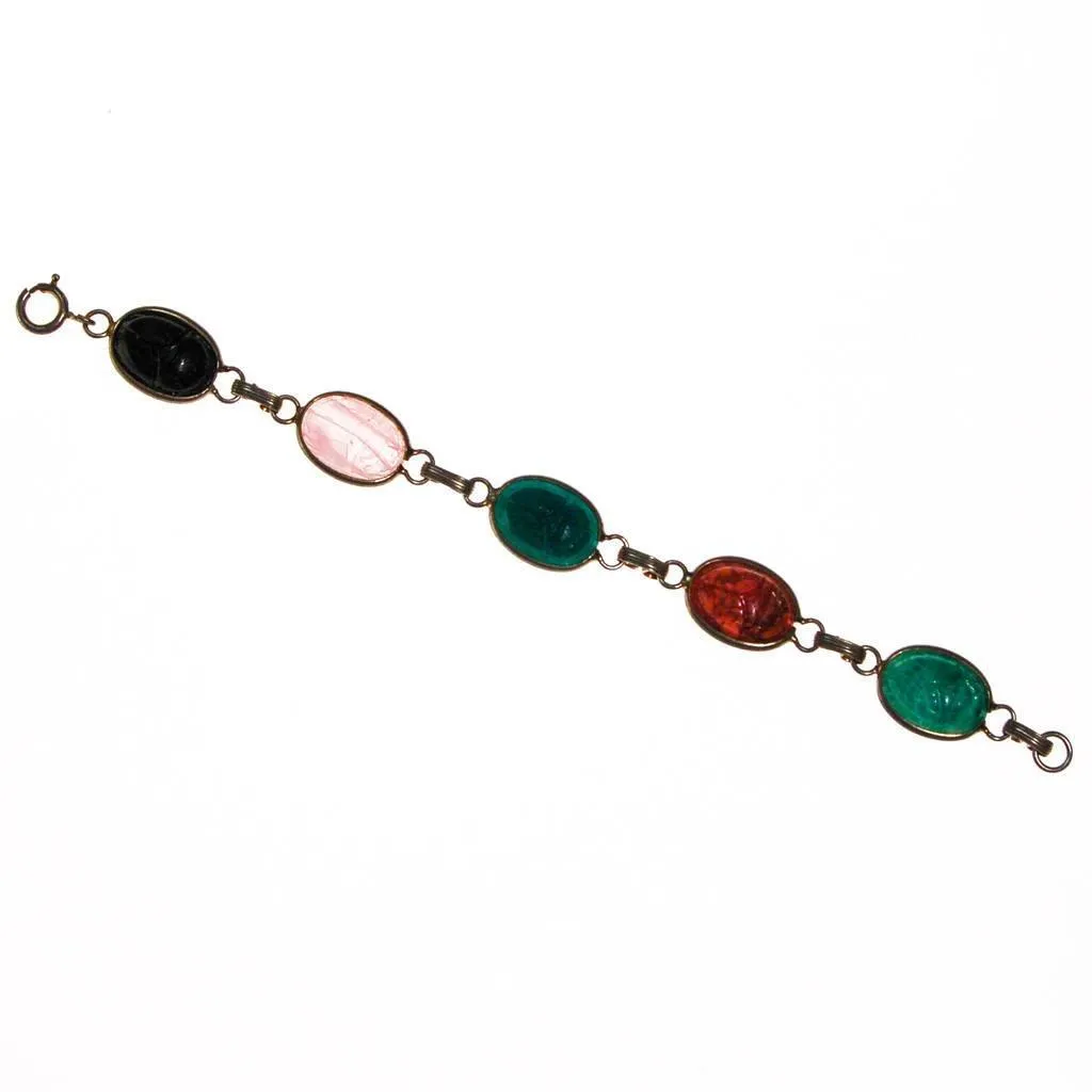 Vintage Semi Precious Scarab Bracelet, Onyx, Rose Quartz, Jade, Chrysoprase, 1960s