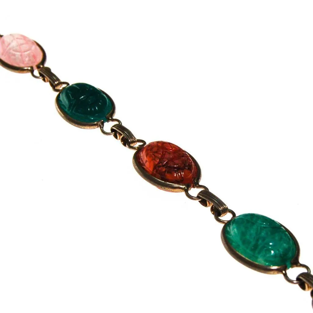 Vintage Semi Precious Scarab Bracelet, Onyx, Rose Quartz, Jade, Chrysoprase, 1960s