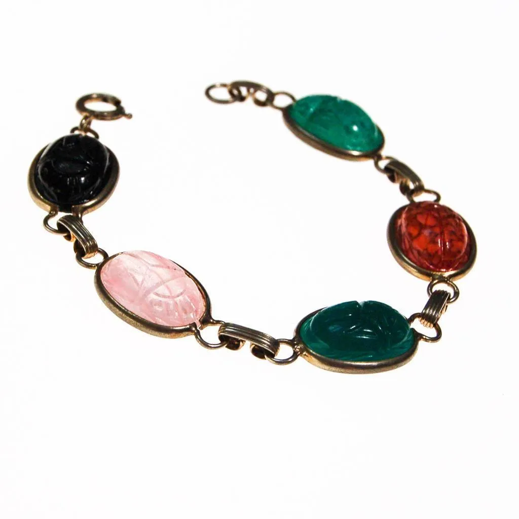 Vintage Semi Precious Scarab Bracelet, Onyx, Rose Quartz, Jade, Chrysoprase, 1960s