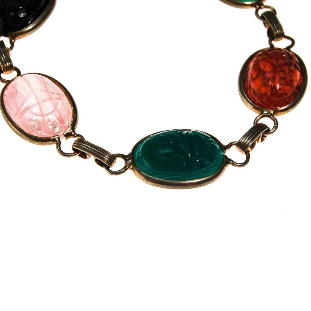 Vintage Semi Precious Scarab Bracelet, Onyx, Rose Quartz, Jade, Chrysoprase, 1960s