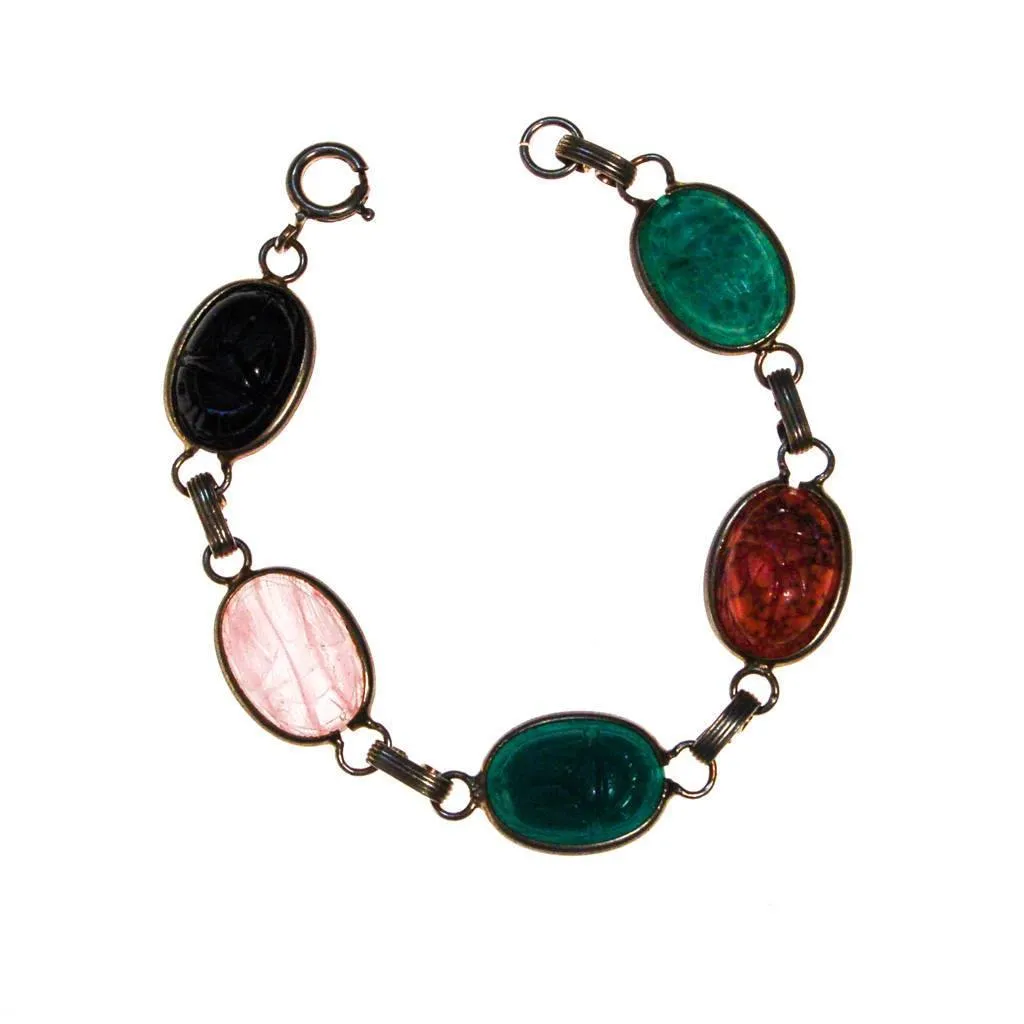 Vintage Semi Precious Scarab Bracelet, Onyx, Rose Quartz, Jade, Chrysoprase, 1960s