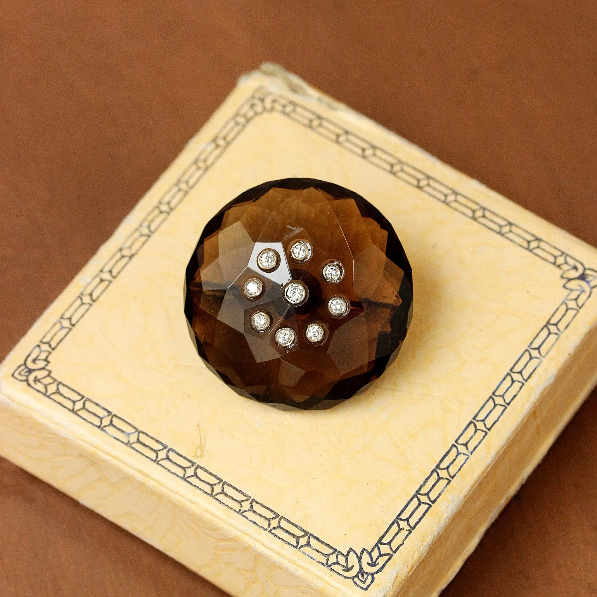 Vintage Smokey Quartz & Diamond Pin, 14k