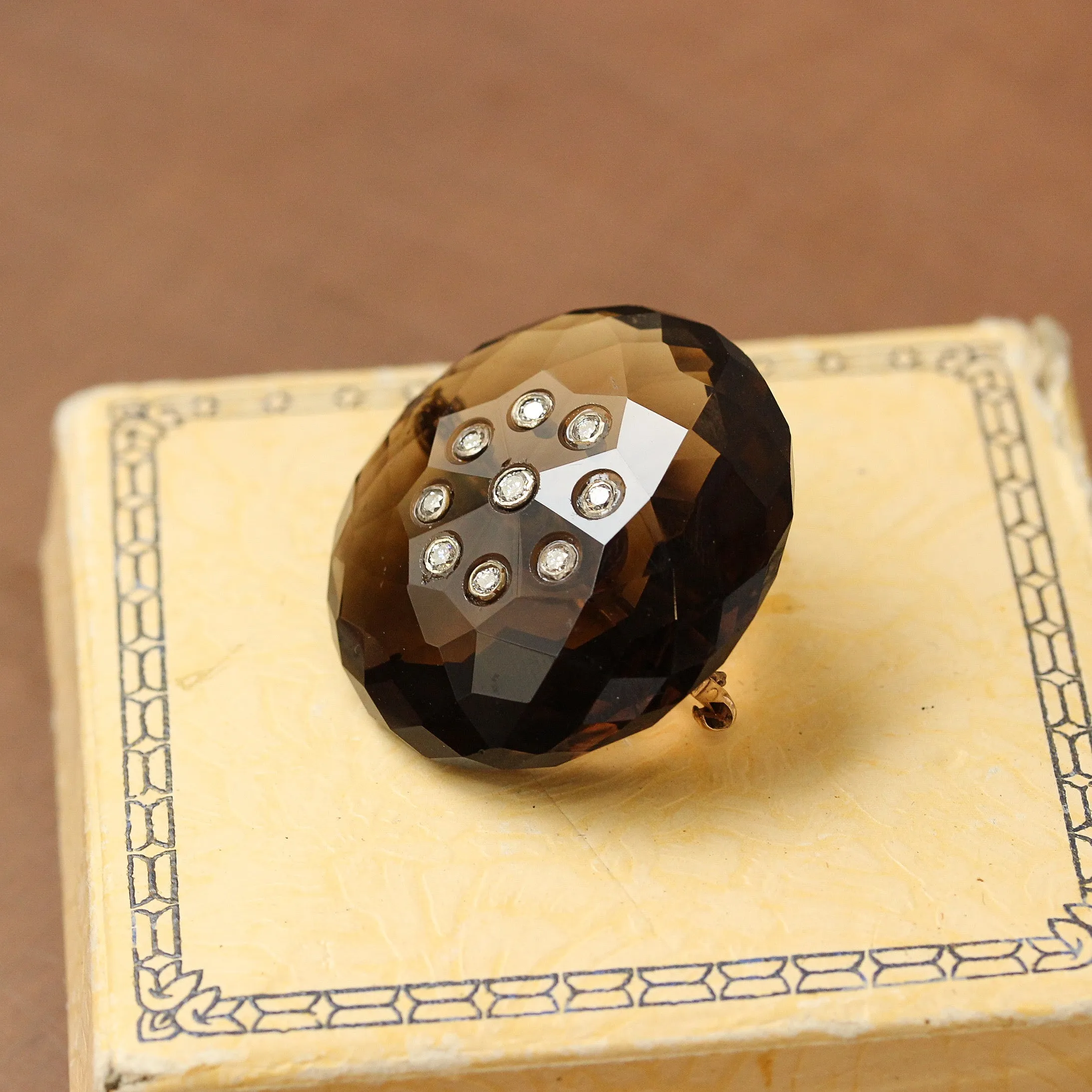 Vintage Smokey Quartz & Diamond Pin, 14k