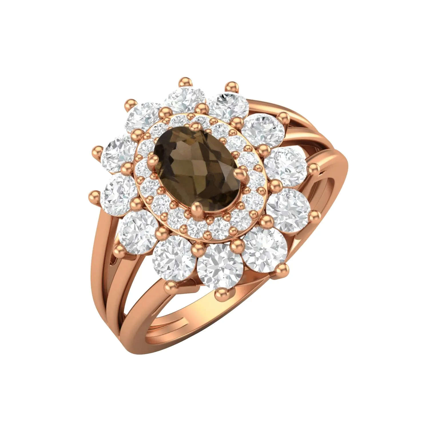Vintage Smoky Quartz Halo Wedding Ring 925 Sterling Silver Solitaire Ring