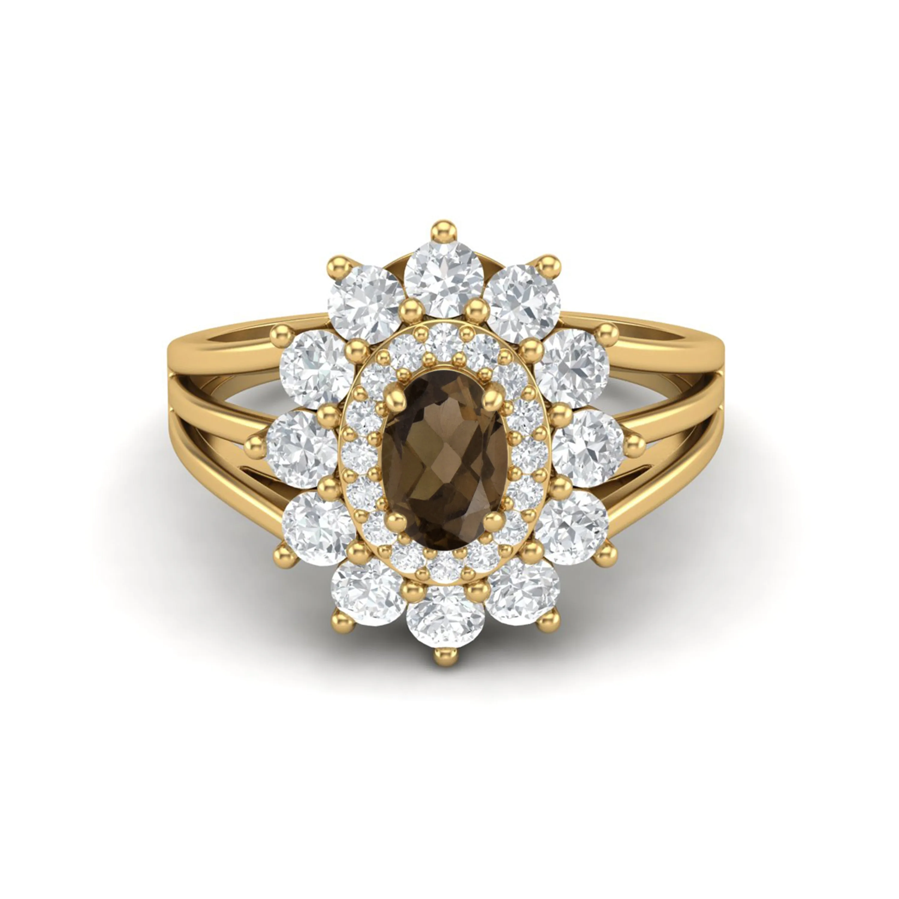 Vintage Smoky Quartz Halo Wedding Ring 925 Sterling Silver Solitaire Ring