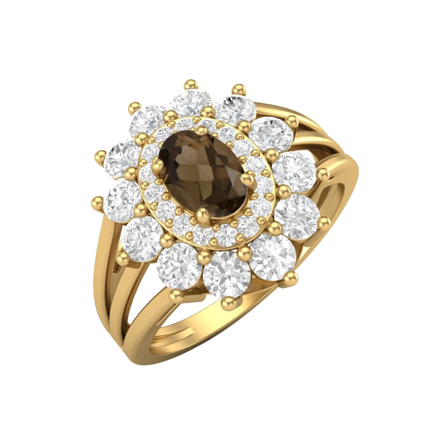 Vintage Smoky Quartz Halo Wedding Ring 925 Sterling Silver Solitaire Ring