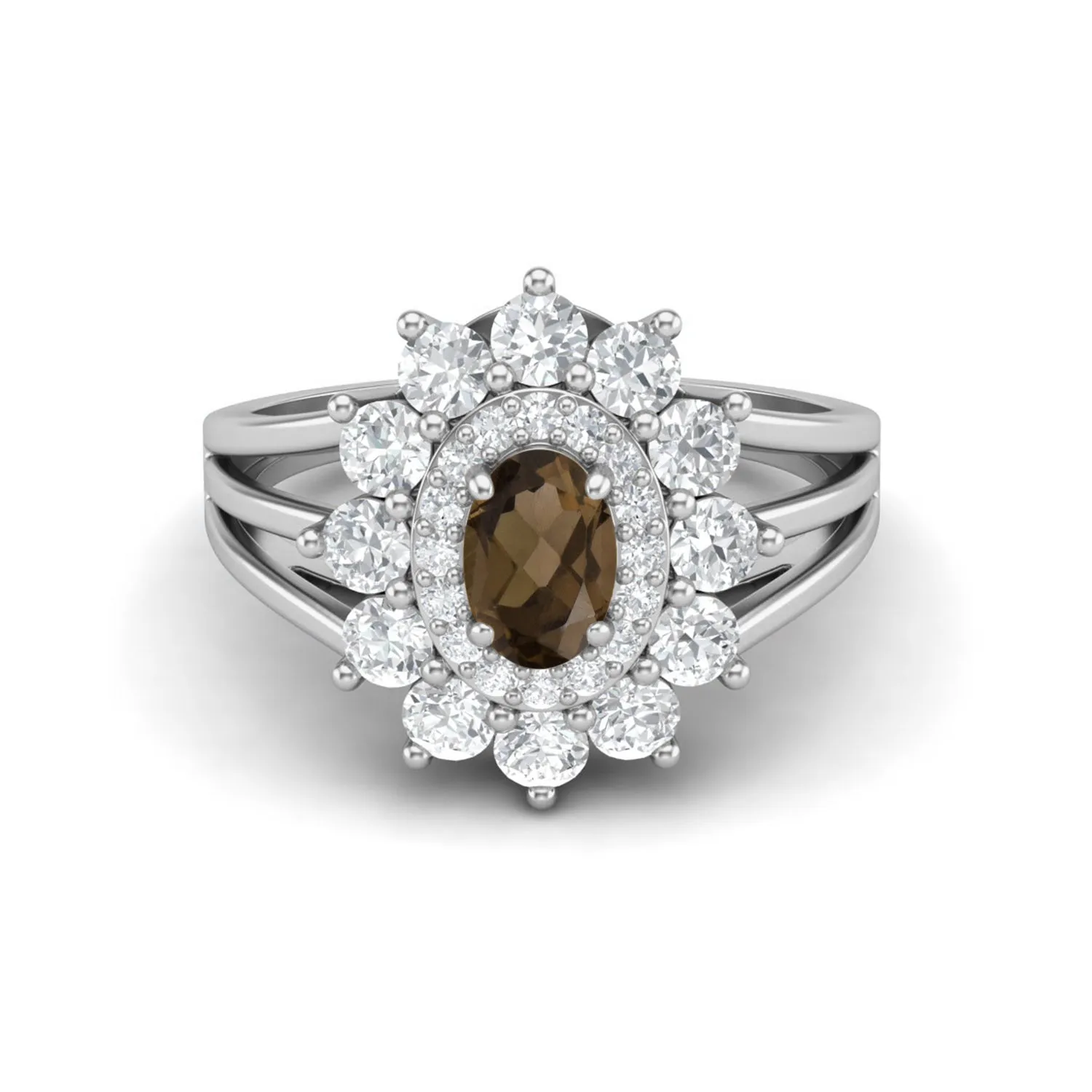 Vintage Smoky Quartz Halo Wedding Ring 925 Sterling Silver Solitaire Ring