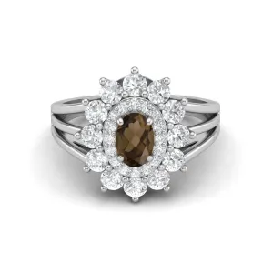 Vintage Smoky Quartz Halo Wedding Ring 925 Sterling Silver Solitaire Ring