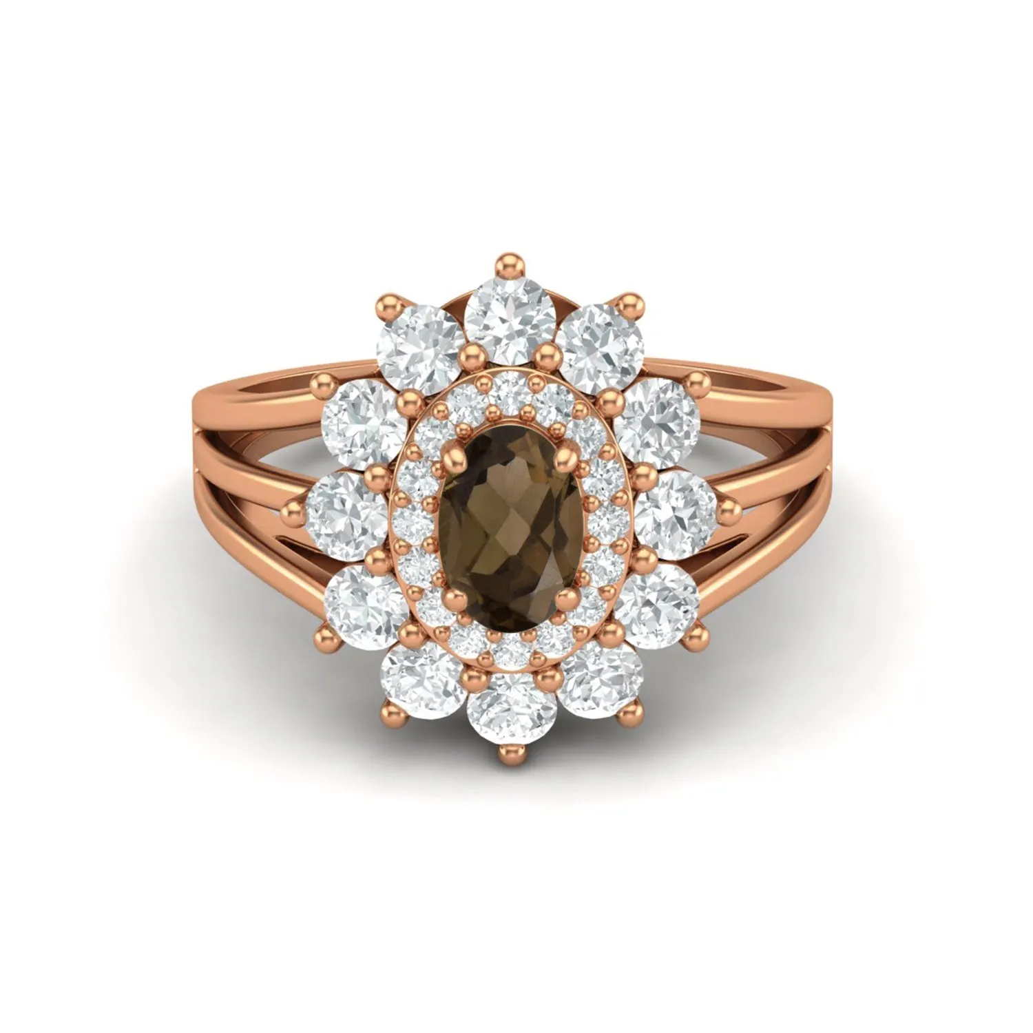 Vintage Smoky Quartz Halo Wedding Ring 925 Sterling Silver Solitaire Ring