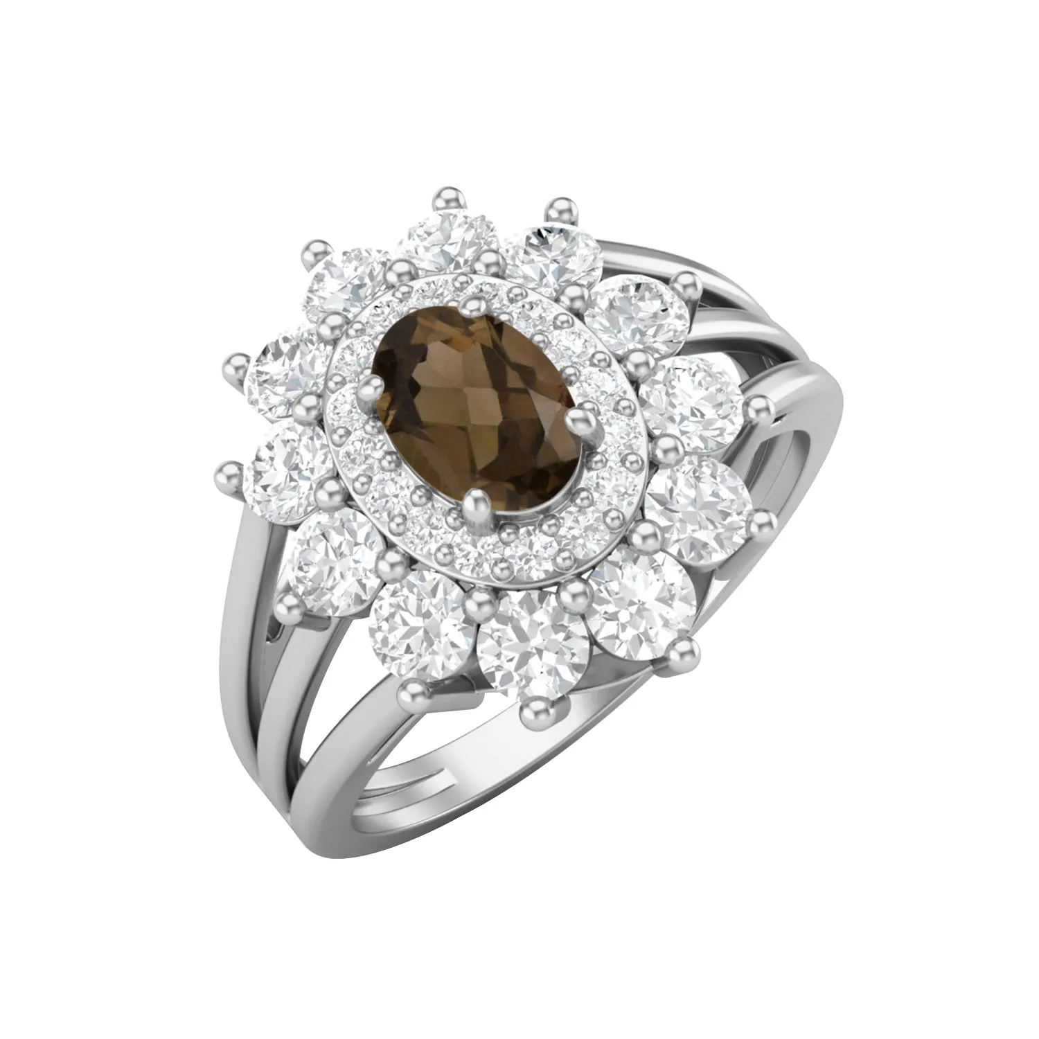 Vintage Smoky Quartz Halo Wedding Ring 925 Sterling Silver Solitaire Ring