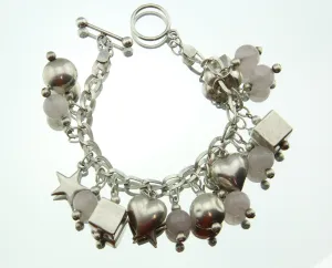 Vintage Sterling Silver Pink Quartz Heart Star Cube Ball Charm Bracelet Italy