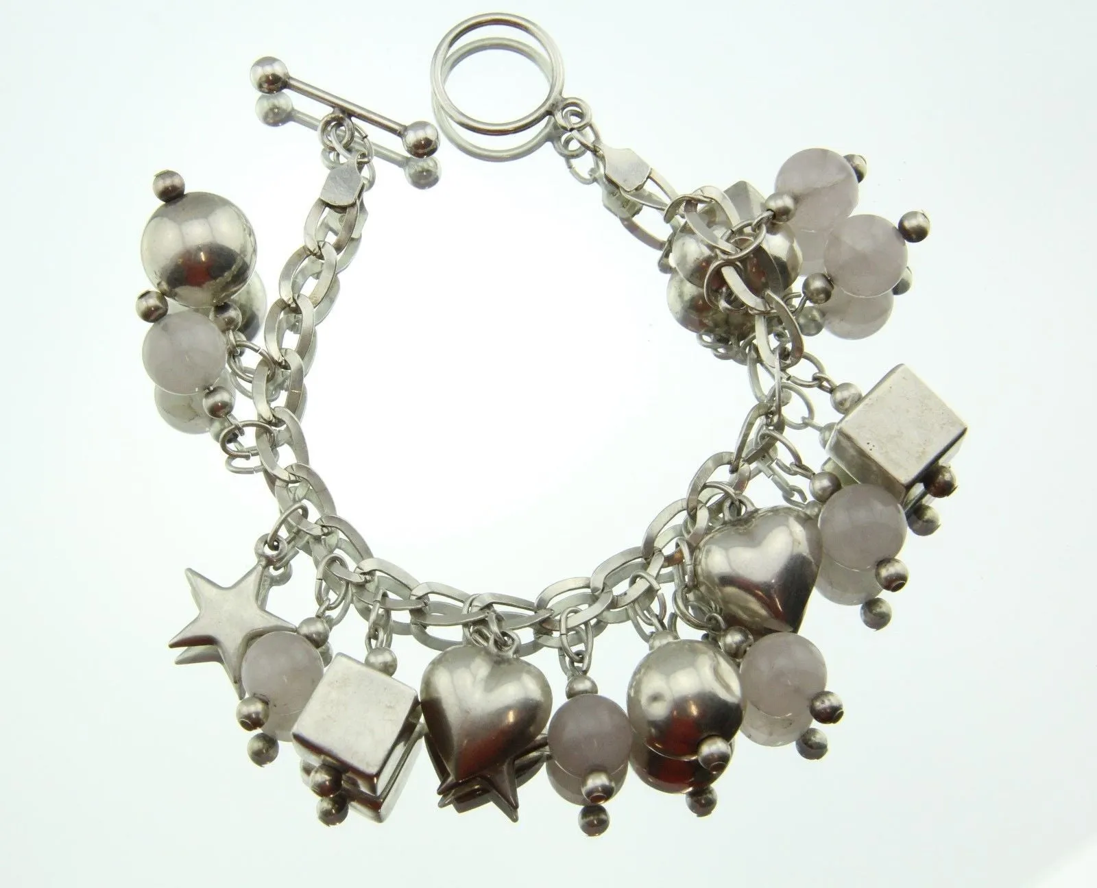 Vintage Sterling Silver Pink Quartz Heart Star Cube Ball Charm Bracelet Italy