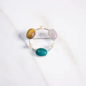 Vintage Sterling Silver Round Pin with Carved Semi Precious Scarabs Jade, Tigers Eye, and Quartz