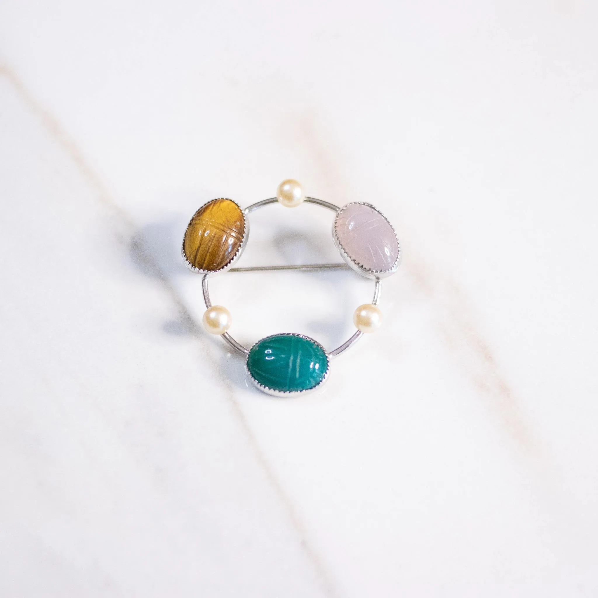 Vintage Sterling Silver Round Pin with Carved Semi Precious Scarabs Jade, Tigers Eye, and Quartz