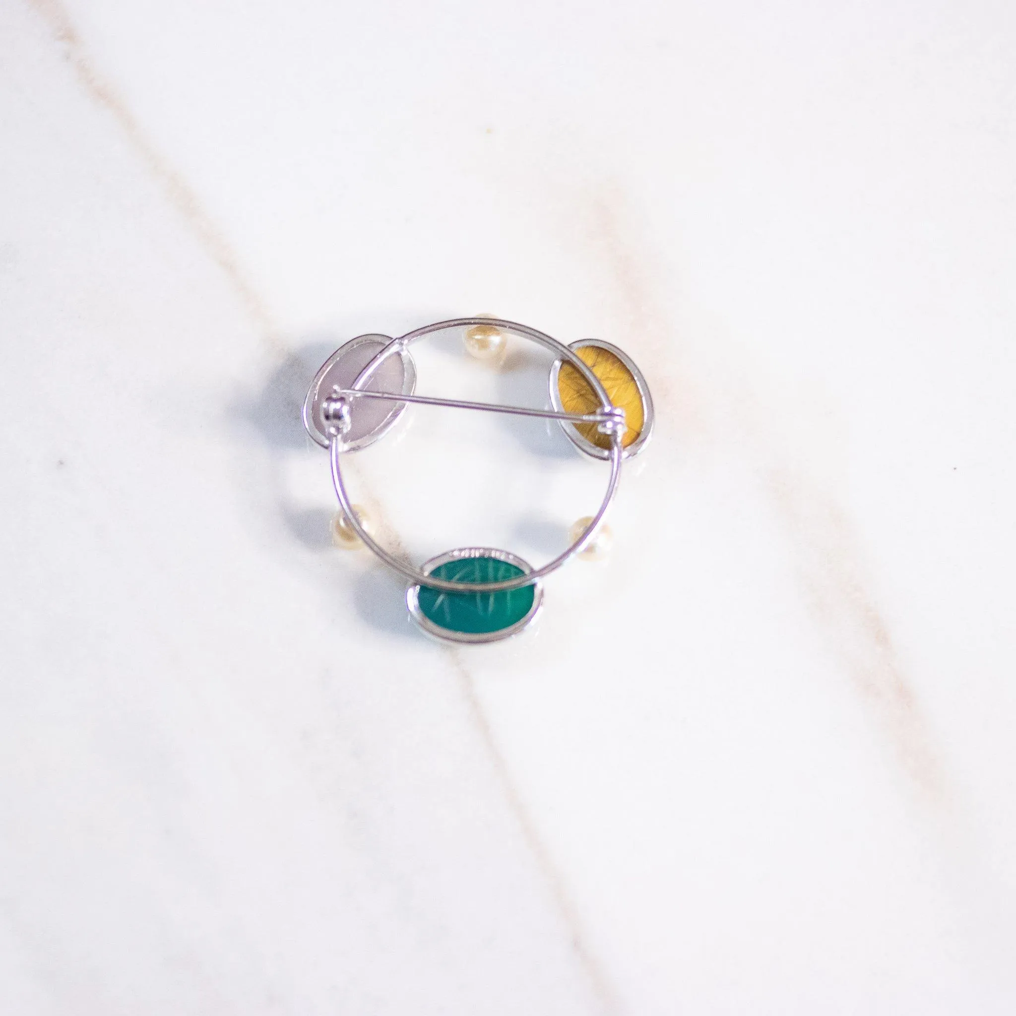 Vintage Sterling Silver Round Pin with Carved Semi Precious Scarabs Jade, Tigers Eye, and Quartz