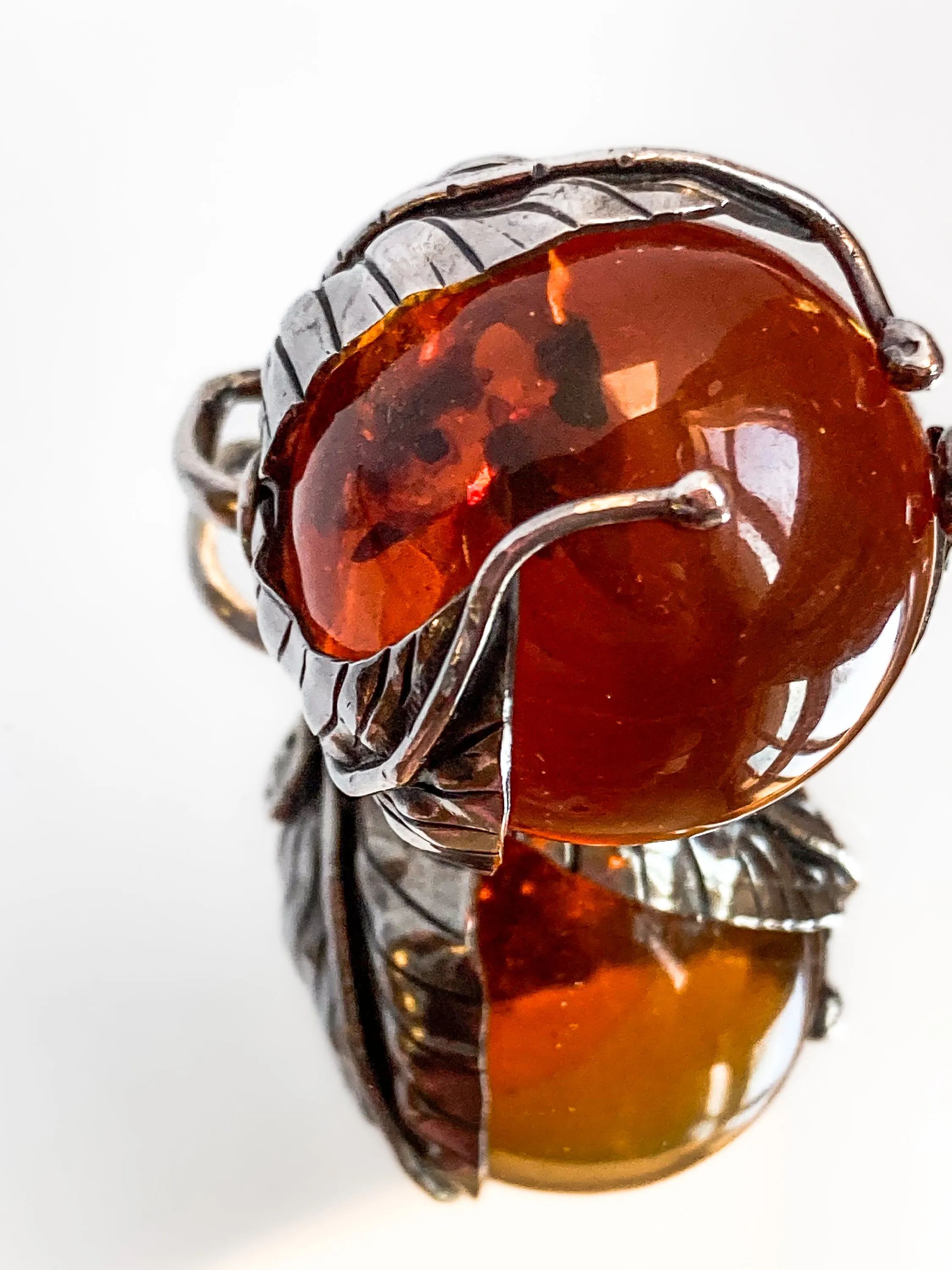 Vintage Sterling Silver Swirl Leaves Amber Orb Quartz Round Pendant