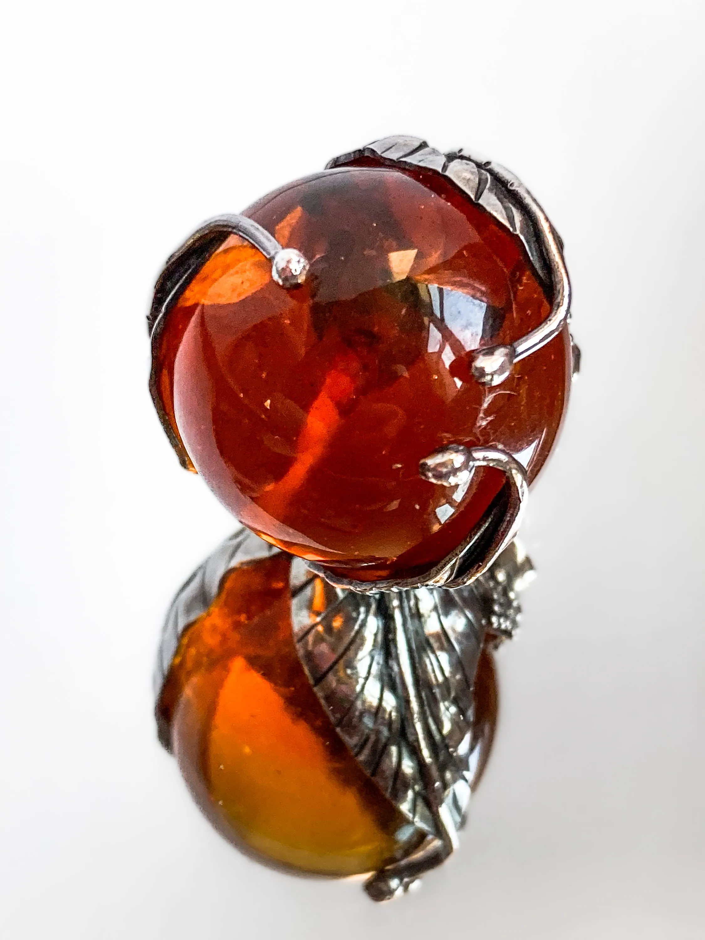 Vintage Sterling Silver Swirl Leaves Amber Orb Quartz Round Pendant