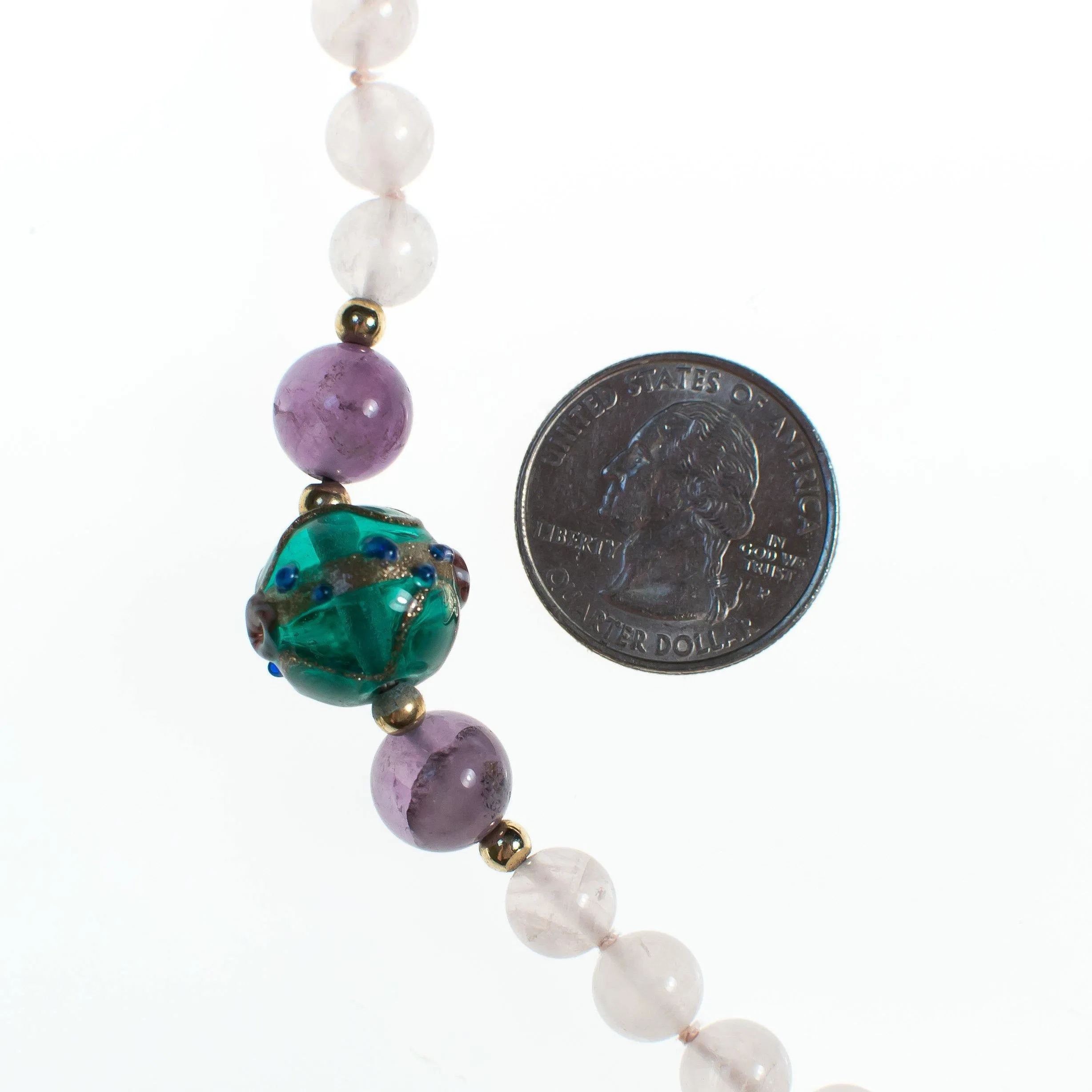 Vintage Venetian Wedding Cake Bead Rose Quartz and Amethyst Necklace